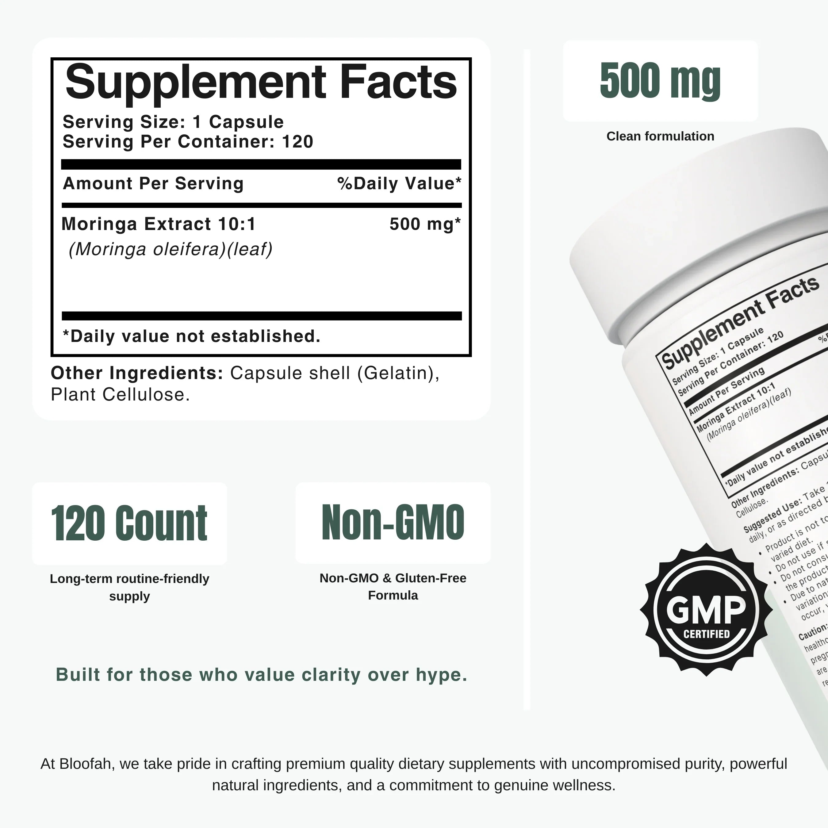 Bloofah MG Moringa Capsules 500mg | Moringa oleifera Leaf Extract | 120 Capsules