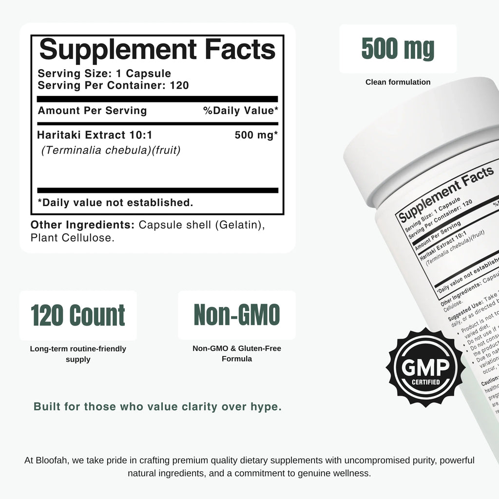 Bloofah HT Haritaki Capsules 500mg | Terminalia chebula Fruit Extract | 120 Capsules