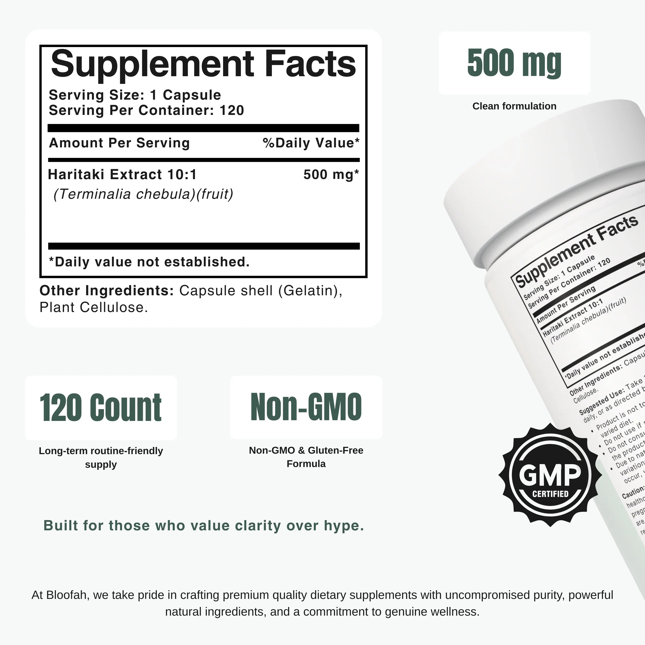 Bloofah HT Haritaki Capsules 500mg | Terminalia chebula Fruit Extract | 120 Capsules