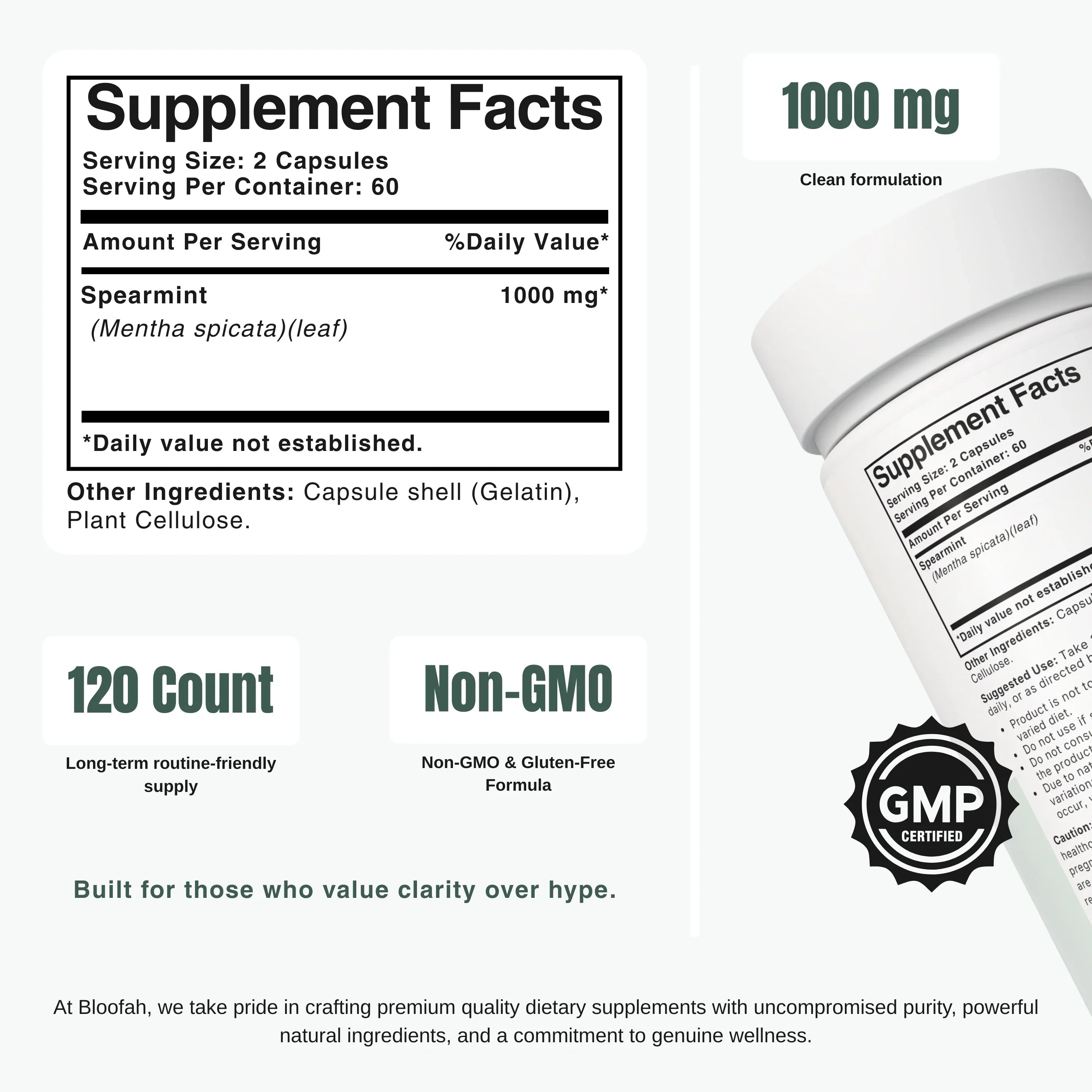 Bloofah SL Spearmint Capsules 1000mg | Mentha spicata Leaf | 120 Capsules