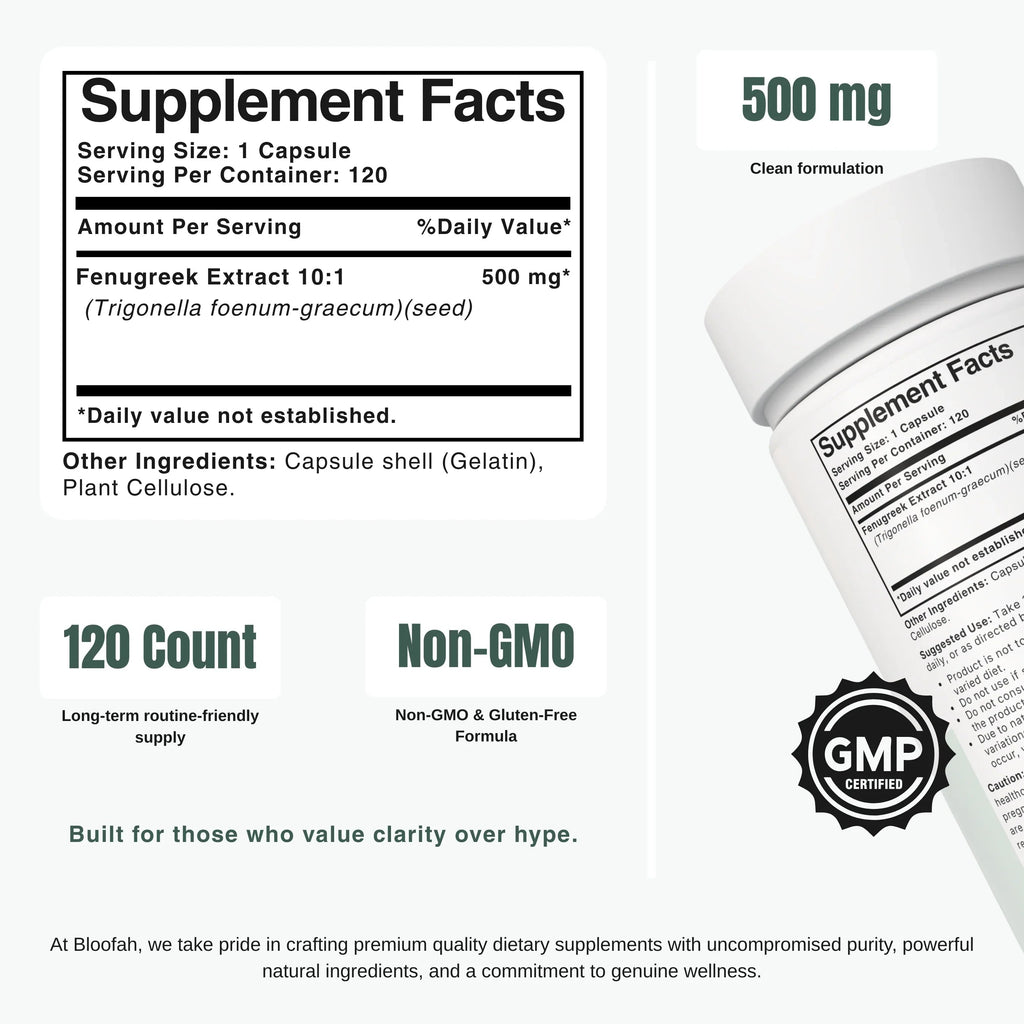 Bloofah FS Fenugreek Capsules 500mg | Trigonella foenum-graecum Seed Extract | 120 Capsules