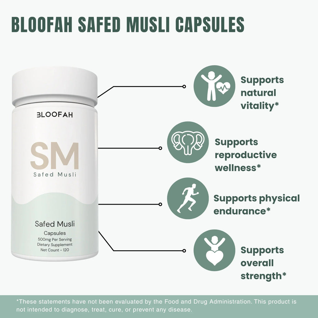 Bloofah SM Safed Musli Capsules 500mg | Chlorophytum borivilianum Root Extract | 120 Capsules