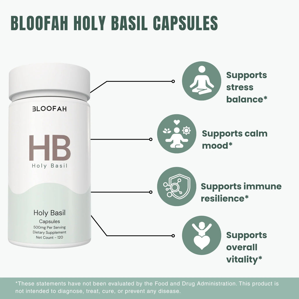 Bloofah HB Holy Basil Capsules 500mg | Ocimum tenuiflorum (Tulsi) Extract | 120 Capsules