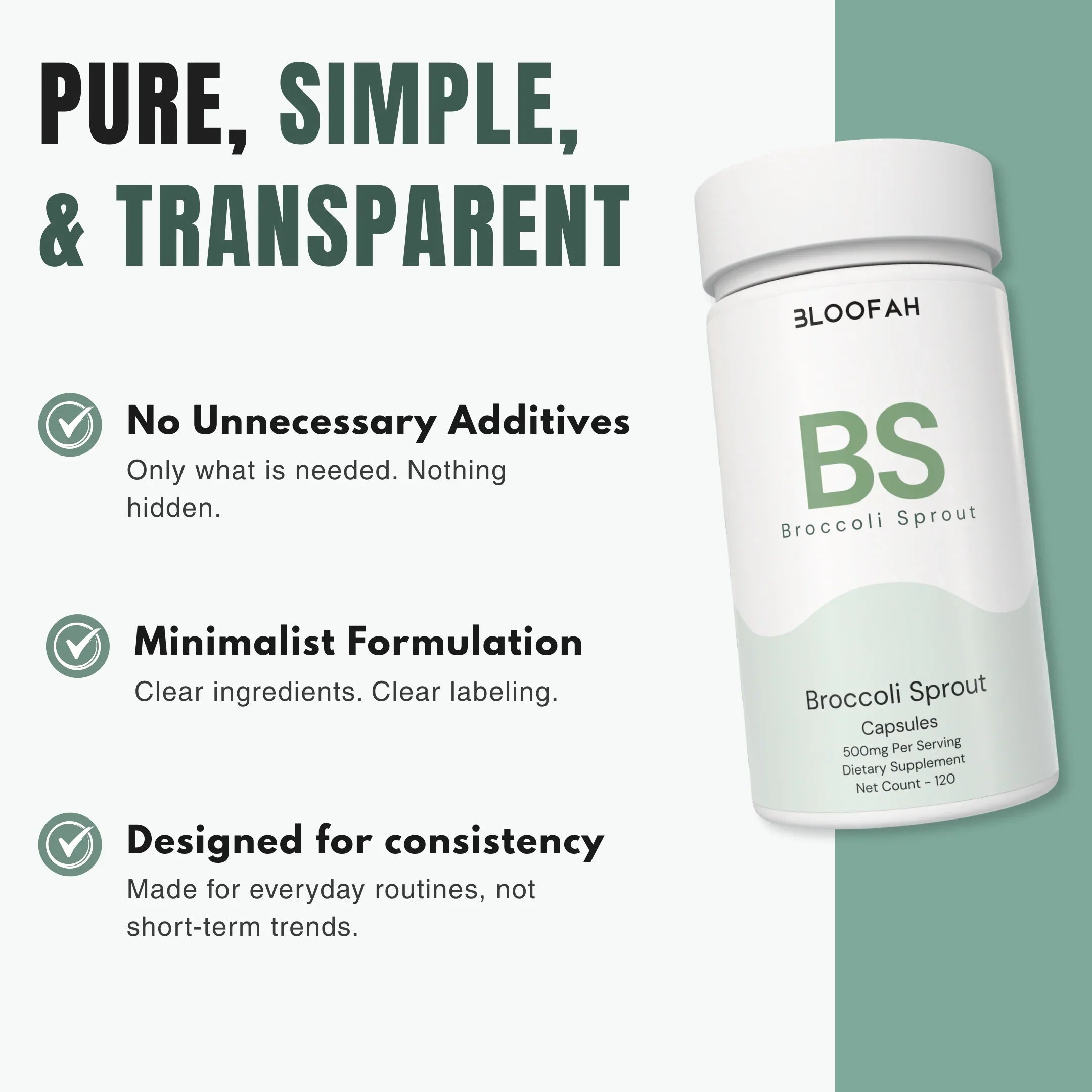 Bloofah BS Broccoli Sprout Capsules 500mg | Sulforaphane-Rich Brassica Extract | 120 Capsules