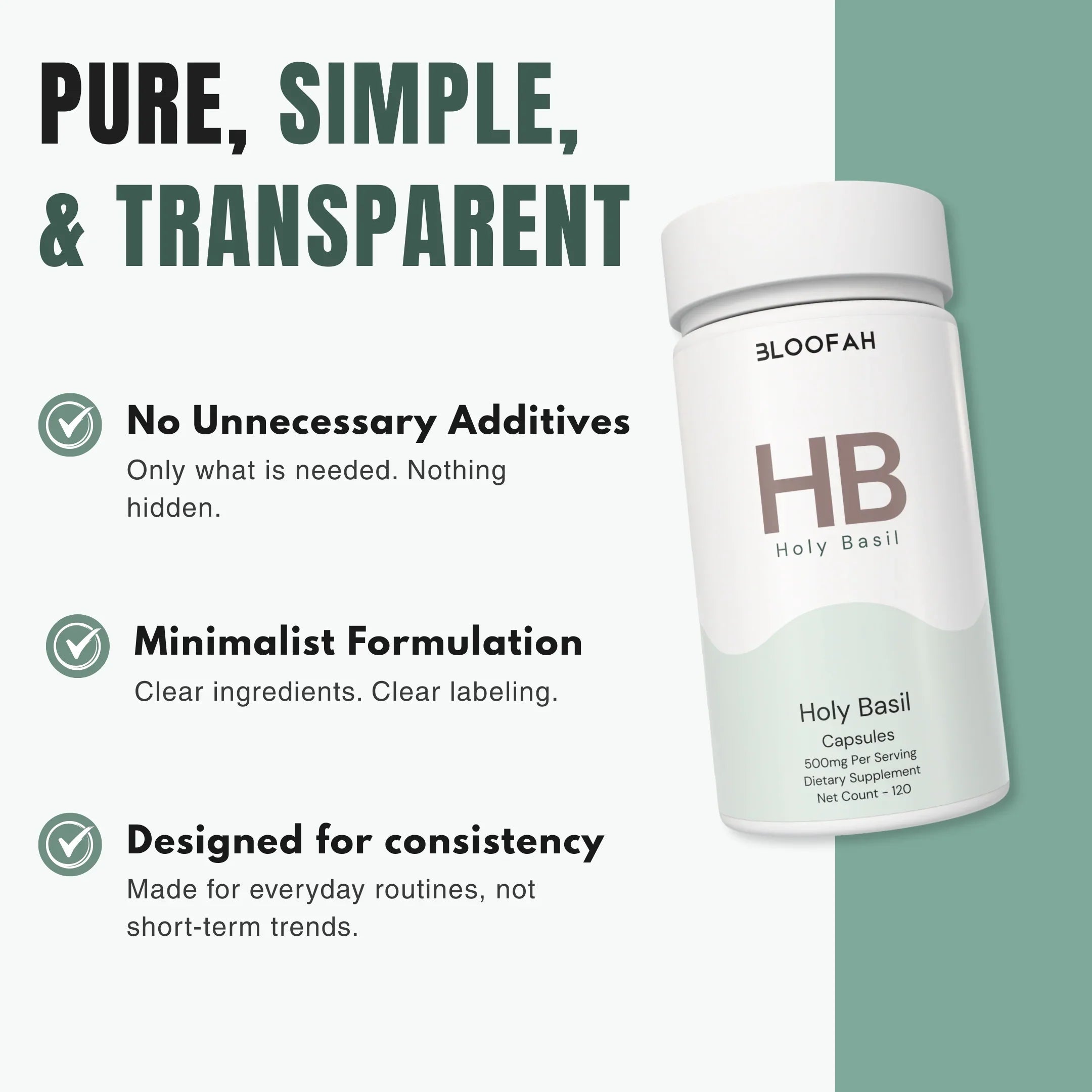 Bloofah HB Holy Basil Capsules 500mg | Ocimum tenuiflorum (Tulsi) Extract | 120 Capsules