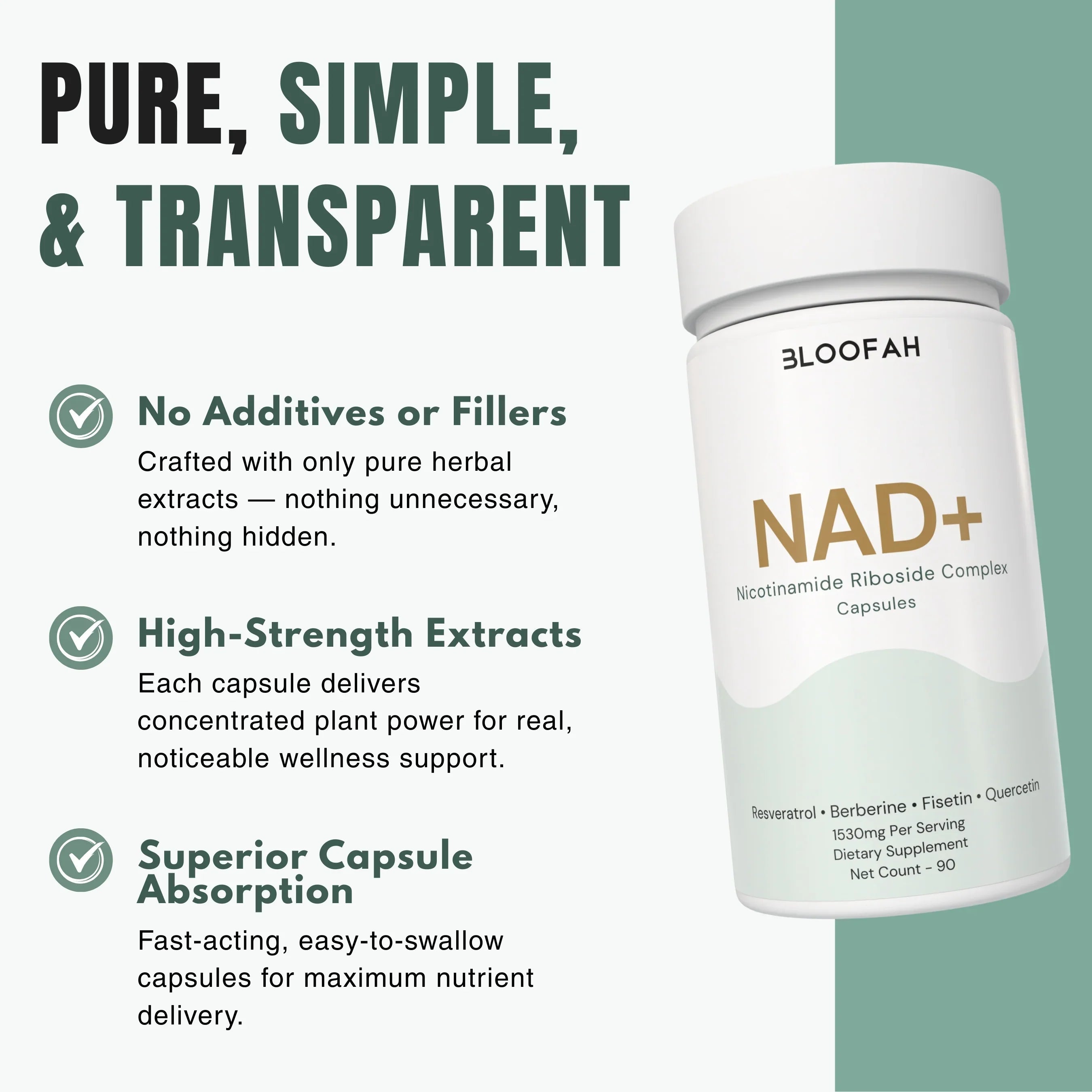 Bloofah NAD+ Capsules 1530mg | Nicotinamide Riboside + Resveratrol + 18 Botanical Herbs | 90 Vegan Capsules