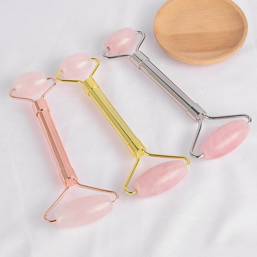 Natural Rose Quartz Face Massage Roller Metal Handle Practical Anti